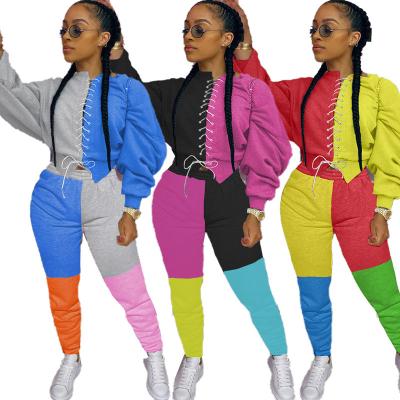 China 2022 New Arrival Women O-neck Front Drawstring Long Sleeve Sweater Breathable Thin Pants 2 Pieces Set Color Patchwork Outfits Tracksuit for sale