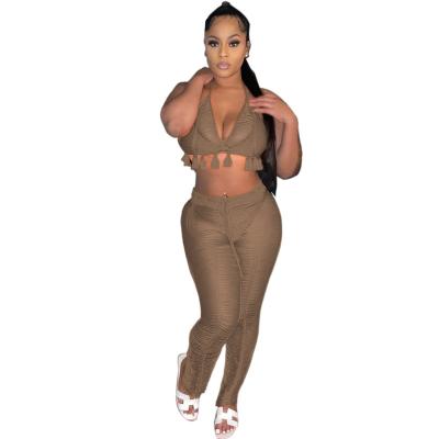 China Breathable 2022 New Arrivals Fashion Women Sexy Drawstring Bra Long Pants 2 Pieces Set Hollow Transparent Tracksuit for sale