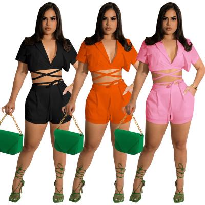 China Breathable 2022 New Arrivals Fashion Women Turn-Down Collar Crop Jacket Waist Drawstring Casual Shorts Pants Solid 2 Piece Set Suit for sale