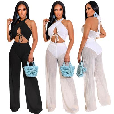 China 2022 New Arrivals Breathable Fashion Women Sexy Drawstring Neck Sleeveless Chest Wrap Wide Leg Pants Transparent 2 Piece Set Suit for sale