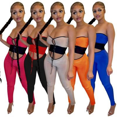 China 2022 new arrivals breathable fashion sexy women off shoulder wrap chest waist hollow out drawstring gaiters color patchwork overalls for sale