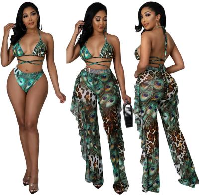 China 2022 New Arrivals Breathable Fashion Women Sexy Drawstring Bra Panties Side Long Pants Fitted Leopard Print Bikini Swimwear 3 Piece Set for sale