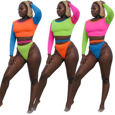 China 2022 New Arrival Summer Fashion Women Breathable Casual O-neck Long Sleeve Crop With Belt Color Patchwork 2 Pieces Bikini Swimwear Set for sale