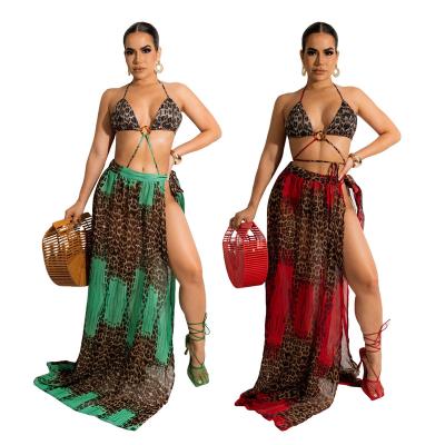 China 2022 New Arrivals Breathable Fashion Women Sexy Leopard Bikini Drawstring Skirt 2 Piece Set Swimwear Beach Wear for sale