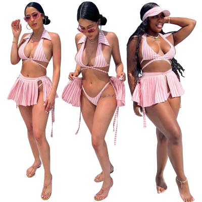 China 2022 Fashion Breathable Bikini Panties Mini Skirt Striped Drawstring Bra Panties Swimwear Beach Wear 3 Piece Set 3 Piece Swimwear Set for sale