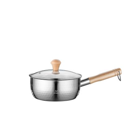 China Sustainable Cookware Plant Cooking Pot Cookware Wooden Handle 20cm Stainless Steel Milk Pot With Lid for sale