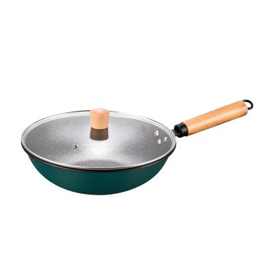 China Hot Selling Cast Iron Wok Safe Material Cookware Viable With With Glass Lid For Home Kitchen for sale