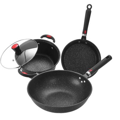 China Best Sales 3piece Minimalist Kitchen Housewares Non Iron Stick Induction Handles Pan Unique Cooking Pots Cookware Sets for sale