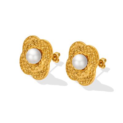 China Direct selling French CLASSIC neutral geometric imitation pearl manufacturer heavy industry wind titanium steel earrings plated with 18K for sale