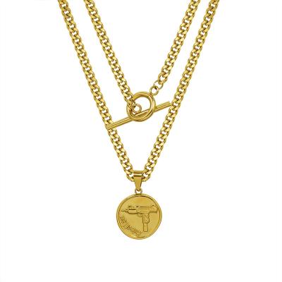 China Brand Punk Thick Chain Buckle Round Gun Shaped Pendant With Double Layered 18K Gold Titanium Steel Necklace for sale