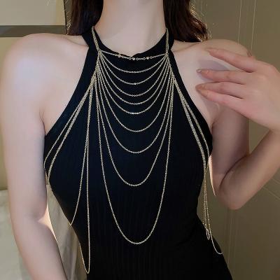 China Wholesale Multilayer Fashion Long Chest Body Chain Jewelry Diamond Fringe Body Chain Niche Commuter Choker Body Chain Necklace for sale