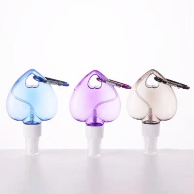 China Popular Love Shape Carabiner Inverted Travel Mini Plastic Packaging Spray Bottle Plastic Bottles Sanitizer With Carabiner for sale