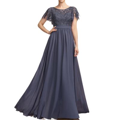 China High Quality Anti-Static Elegant Boat Neck Short Sheath Sheer Chiffon Maxi Evening Dress Bridesmaid Dress Lace High Waist for sale