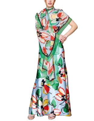 China Floral Anti-Static V-neck Dress With Caps Printed Halter Belt For Leisure Vacation Floor Length Dress for sale