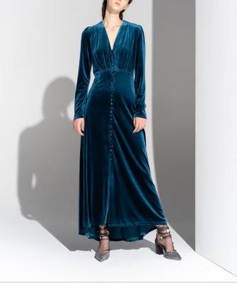 China 2021 Autumn v-neck long sleeve velvet blue elegant dresseses anti-static loungewear fashion and party wear for sale