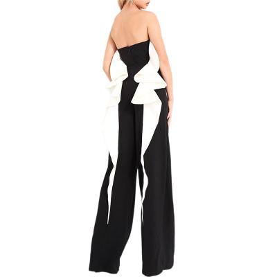 China QUICK DRY Waterfall Ruffles Back Strapless Black And White Long Pants Overalls For Women for sale