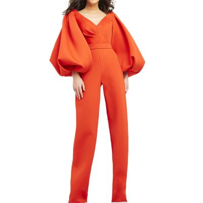 China 2021 New Arrivals QUICK DRY Casual V-neck Breath Lantern Sleeves Orange High Waist Plain Long Pants Overalls For Ladies for sale