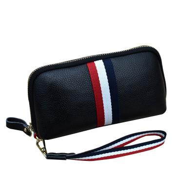 China Newest ladies wallet contrast color striped genuine leather ladies wallet striped woman clutch wrist bag for sale