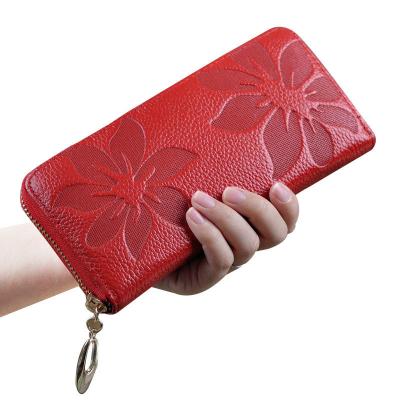 China Wallet Flower Embossed Flower Pattern Embossed Genuine Leather Ladies Wallet Woman Wallet Along With Sorting Boxes for sale