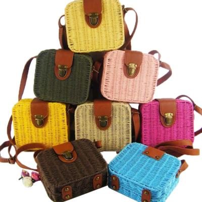 China Wholesale Square Beach Bag Rattan Candy Color Straw Bag Kawaii Square Rattan Beach Bag for sale