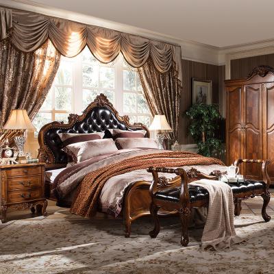 China Traditional Queen Size Bed Upholstered Wooden Beds Genuine Leather Royal Luxury Bedroom Furniture for sale