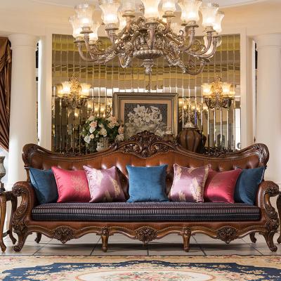 China Customized Convertible Palace Bedroom Furniture Solid Wood Carving Sofa Sets Luxury Antique Couch Leather Sofa Sets Living Room Furniture for sale