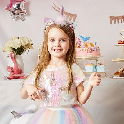 China Girls Customized LOGOChildren's Clothing Anti-Static Dress Net Princess Unicorn Blouse Rainbow Gauze Sequined Costume T251 for sale