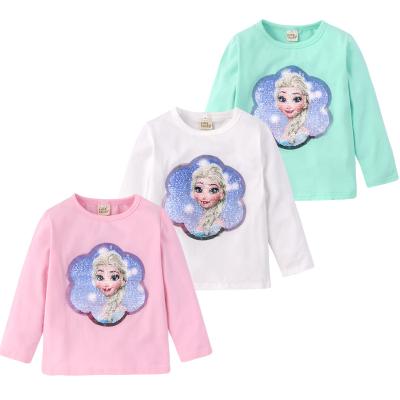 China 2021 Autumn Leisure Sports Children's Anti-pilling LOGO Children's Long Sleeve Sequin Discoloration T-shirt Girl Tops Customized Long TTS7966 for sale