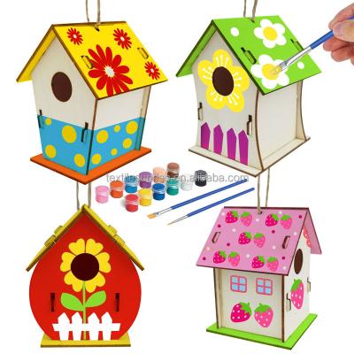 China Amazon Hot Selling Crafts Teaching Tools For Kids Ages 4-8 DIY Arts DIY Kit Build And Paint Birdhouse Wooden Bird House Wind Chime Kits for sale