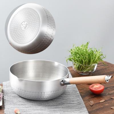 China New Arrival Sustainable Snow Pan With Wooden Handle Flat Pan Milk Pot Frying Bottom Stainless Steel for sale