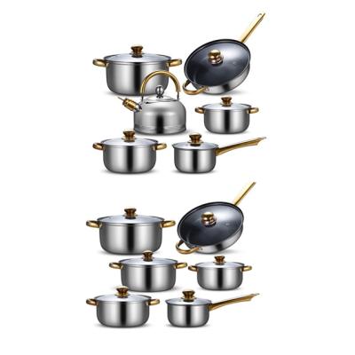 China Best Sustainable Quality 12PCS 410 Stainless Steel Golden Cookware Sets With Kettle And Soup Pot For Household for sale