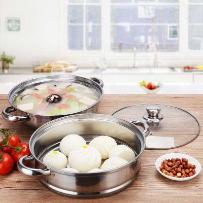 China Best Selling Sustainable Lightly 410 Stainless Steel Steamer Pot Double Layer Double Handle Food Cooking Pots With Lid for sale