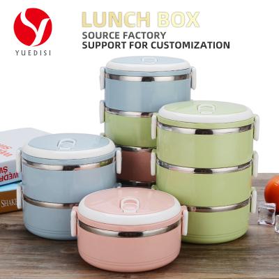 China Durable Colorful Double Layer Round Stainless Steel Lunch Box Food Container With Lids For Adults And Kids for sale