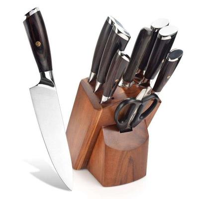 China Durable 9 Pieces Chef Household Items Knife Modern Wooden Block Stainless Steel Rubber Kitchen Knife Professional Sets With Pakka Wood Handle for sale