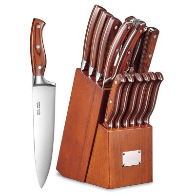 China Hot Sale 16 Pcs Premium High Quality Kitchen Viable Knife Set Pakka Wood Handle With Wood Block for sale