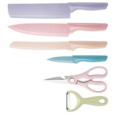 China 6 Pcs Viable Custom Colorful Stainless Steel Wheat Straw Chef Knife Kitchen Knife Set With Gift Box for sale