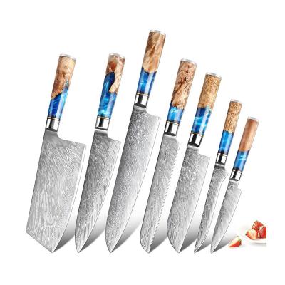 China Viable Kitchen 7 Pcs Damascus Steel Kitchen Knife Set Resin Wood Handle Cutting Meat Kitchen Knives for sale