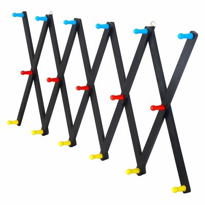 China Wall Mountable Hanger Accordion Wall Coat Rack Wooden Expanding Hat Rack for Baseball Caps, Coats, Scarf, Locks Black with Colored Hooks for sale