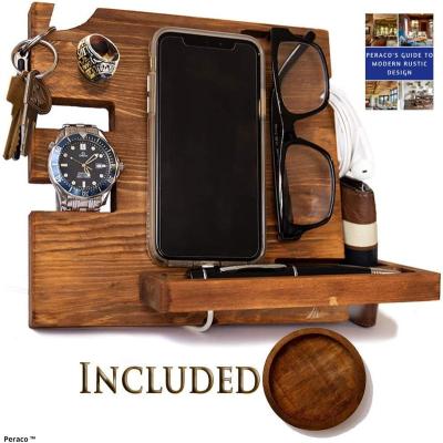 China Organizer Wooden Docking Station Desk for Men Gift Husband Nightstand Wallet Holder Watch Organizer with Coaster for sale