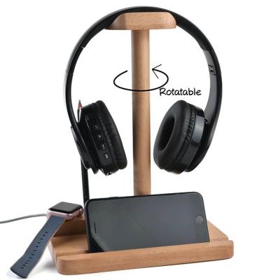 China Eco-friendly Earphone Stand Beech Wood Earphone Stand Apple Watch Charging Station Phone Stand for sale