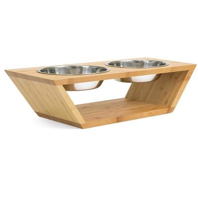 China Sustainable Double 2 Stainless Steel Pet Products Accessories Water Dog Cat Food Bowl Stand Raised Wooden Bamboo Without Bowls for sale