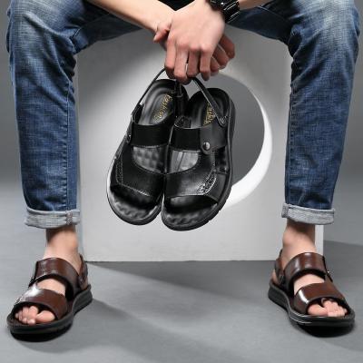 China ANMAI Round Mens Summer Sandals Open Toe Beach Shoes Soft Leather Sandals Plus Size 37-48 for sale