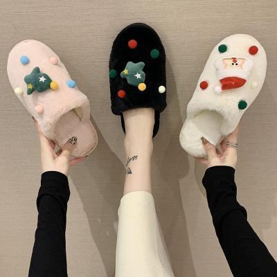 China 2021 Fashion Trend Fur Slides Christmas Slippers House Shoes Fluffy Slippers Christmas Products Fur Slippers For Women for sale