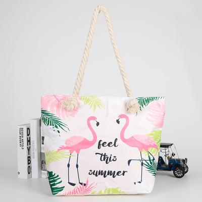 China Custom Canvas Bag Eco Friendly Handled Rope Handle Flamingo Style Printed Cotton Canvas Shopping Bag for sale