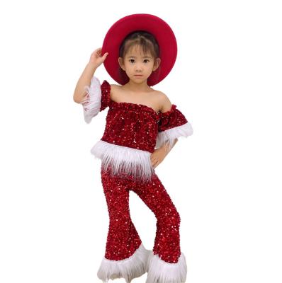 China Hot Selling Casual Girls Christmas Sequin Sets Kids Off-Shoulder Tops And Bells Outfits Baby Fashion Sequin Sets With Fur for sale