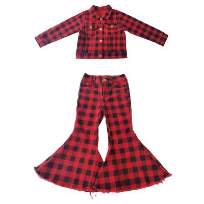 China Bohemian Girls' Plaid Denim Jacket Coat Red Black Brass Button Flared Pants Set for sale