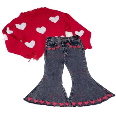 China Breathable Youth Jeans For Valentines Day Kids Washed Bell Bottoms Girls Valentine Bell Bottom Jeans for sale