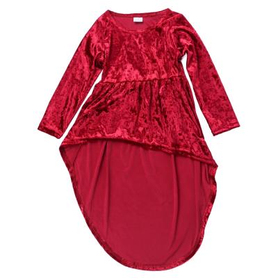 China Spring New Arrival Kids Girls Boutique Anti-Static Long Sleeve Round Neck Solid Red High Low Velvet Dresses for sale