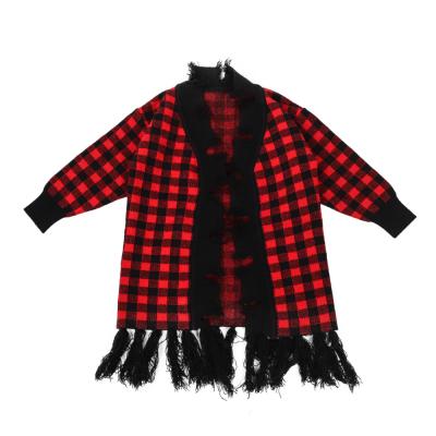 China Vintage Newcomer 2020 Buffalo Plaid Red and Black Distressed Fringed Cardigan Customizable for sale