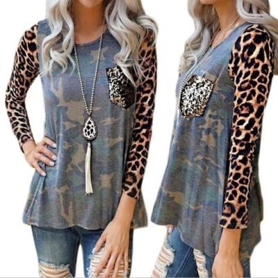 China Wholesale-round-neck camouflage print leopard print anti-pilling new anti-pilling long-sleeved women's sequined T-shirt for sale